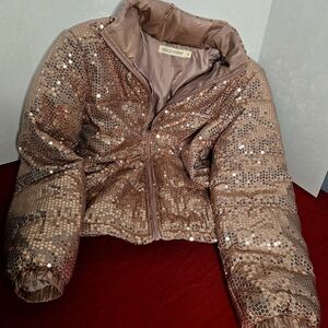 Sequin Puffer Jacket in Rose Gold